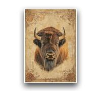 Planetee Affiche Rétro Bison dans un Cadre Vintage, Couleurs Douces et Fond en Papier Vieilli avec Motifs Floraux Rétro. Décoration murale intérieur Poster A3