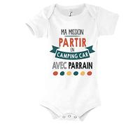 Planetee Body bébé Ma Mission Camping Car avec Parrain Humour Naissance Cadeau Bébé Anniversaire Noël