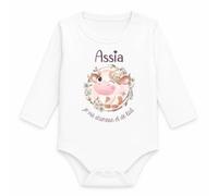 Planetee Body Bébé Manches Longues Assia Je Vis d'Amour et de Lait | Vache | Coton 170 g/m² Blanc 3 mois à 18 mois | Bébé Fille Garçon Mixte | Cadeau Naissance Baby Shower Bapteme