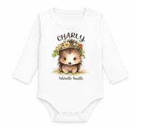 Planetee Body Bébé Manches Longues Charly Adorable Bouille | Hérisson | Coton 170 g/m² Blanc 3 mois à 18 mois | Bébé Fille Garçon Mixte | Cadeau Naissance Baby Shower Bapteme
