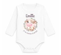 Planetee Body Bébé Manches Longues Emilie Je Vis d'Amour et de Lait | Vache | Coton 170 g/m² Blanc 3 mois à 18 mois | Bébé Fille Garçon Mixte | Cadeau Naissance Baby Shower Bapteme