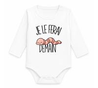 Planetee Body Bébé Manches Longues Je le ferai demain | Ver de terre | Coton 170 g/m² Blanc 3 mois à 18 mois | Bébé Fille Garçon Mixte | Cadeau Naissance Baby Shower Bapteme | Humour Flemme Sieste