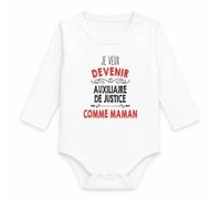 Planetee Body Bébé Manches Longues Je Veux Devenir Auxiliaire de Justice comme Maman | Coton 170 g/m² Blanc 3 mois à 18 mois | Bébé Fille Garçon Mixte | Cadeau Naissance Baby Shower Bapteme