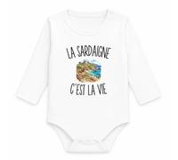 Planetee Body Bébé Manches Longues La Sardaigne c’est la vie | Coton 170 g/m² Blanc 3 mois à 18 mois | Bébé Fille Garçon Mixte | Cadeau Voyageur Voyageuse Naissance Baby Shower Bapteme