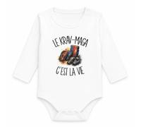 Planetee Body Bébé Manches Longues Le krav-maga c'est la vie | Coton 170 g/m² Blanc 3 mois à 18 mois | Bébé Fille Garçon Mixte | Cadeau Combattant Combattante Naissance Baby Shower Bapteme