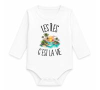 Planetee Body Bébé Manches Longues Les îles c'est la vie | Coton 170 g/m² Blanc 3 mois à 18 mois | Bébé Fille Garçon Mixte | Cadeau Voyageur Voyageuse Naissance Baby Shower Bapteme