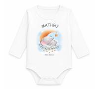 Planetee Body Bébé Manches Longues Mathéo Bébé d'Amour Éléphant | Coton 170 g/m² Blanc 3 mois à 18 mois | Fille Garçon Mixte | Cadeau Naissance Baby Shower Bapteme