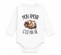 Planetee Body Bébé Manches Longues Mon amour c'est ma vie | Coton 170 g/m² Blanc 3 mois à 18 mois | Bébé Fille Garçon Mixte | Cadeau Amoureux Amoureuse Naissance Baby Shower Bapteme