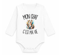 Planetee Body Bébé Manches Longues Mon chat c'est ma vie | Coton 170 g/m² Blanc 3 mois à 18 mois | Bébé Fille Garçon Mixte | Cadeau Amoureux et Amoureuse des Félins Naissance Baby Shower Bapteme