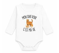 Planetee Body Bébé Manches Longues Mon chat roux c'est ma vie | Coton 170 g/m² Blanc 3 mois à 18 mois | Bébé Fille Garçon Mixte | Cadeau Amoureux et Amoureuse des Félins Naissance Baby Shower Bapteme