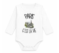 Planetee Body Bébé Manches Longues Paris c'est la vie | Coton 170 g/m² Blanc 3 mois à 18 mois | Bébé Fille Garçon Mixte | Cadeau Parisien Parisienne Naissance Baby Shower Bapteme