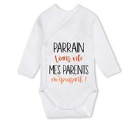 Planetee Body bébé manches longues Parrain à l'aide, mes parents m'épuisent 0-3 mois Coton - Cadeau Naissance Nourrisson Baby Shower