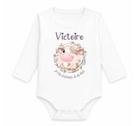 Planetee Body Bébé Manches Longues Victoire Je Vis d'Amour et de Lait | Vache | Coton 170 g/m² Blanc 3 mois à 18 mois | Bébé Fille Garçon Mixte | Cadeau Naissance Baby Shower Bapteme