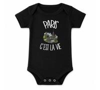 Planetee Body Bébé Noir Paris c'est la vie | Coton Peigné Boutons Pression à l'Entrejambe 3-6 mois à 18-24 mois | Manches Courtes Fille Garçon Mixte | Cadeau Parisien Parisienne Naissance Baby Shower