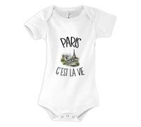 Planetee Body Bébé Paris c'est la vie | Coton Peigné Boutons Pression à l'Entrejambe 3-6 mois à 18-24 mois | Manches Courtes Fille Garçon Mixte | Cadeau Parisien Parisienne Naissance Baby Shower