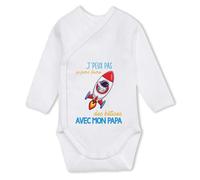 Planetee Body manches longues Betise avec Papa Astronaute Fusée 6-12 mois | Body Bébé Coton Ouverture Croisée Cadeau Naissance Nourrisson Baby Shower
