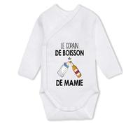 Planetee Body manches longues Copain de Mamie Bière 6-12 mois | Body Bébé Coton Ouverture Croisée Cadeau Naissance Nourrisson Baby Shower