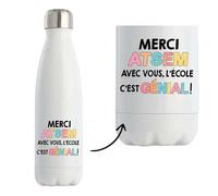 Planetee Bouteille isotherme Merci ATSEM - école géniale| Gourde Originale Cadeau Remerciement fin d'Années Atsem Maternelle Professeur Institutrice Prof Noël