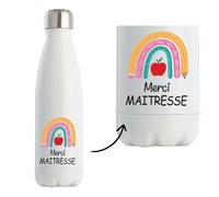 Planetee Bouteille isotherme Merci Maitresse Arc en Ciel| Gourde Originale Cadeau Remerciement fin d'Années Maitresse d'école Maternelle Professeur Institutrice Prof Noël