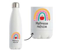 Planetee Bouteille isotherme Personnalisable Merci Maitresse Arc en Ciel| Gourde Originale Cadeau Remerciement fin d'Années Maitresse d'école Maternelle Professeur Institutrice Prof Noël