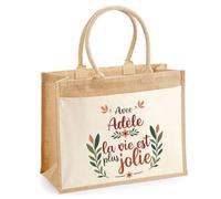 Planetee Cabas jute avec poche Adèle la vie est plus jolie - Sac de shopping et courses réutilisable Cadeau Fête des Mères Anniversaire Soeur Noël Tata Marraine