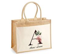 Planetee Cabas Jute avec poche Anne-Laure Lettre Fleur | Cadeau Anniversaire Femme Noël Fête des Mères Sac de Shopping avec grande pochette