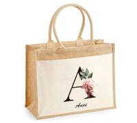 Planetee Cabas Jute avec poche Anne Lettre Fleur | Cadeau Anniversaire Femme Noël Fête des Mères Sac de Shopping avec grande pochette