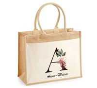 Planetee Cabas Jute avec poche Anne-Marie Lettre Fleur | Cadeau Anniversaire Femme Noël Fête des Mères Sac de Shopping avec grande pochette