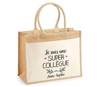 Planetee Cabas Jute avec poche Anne-Sophie Une Super Collègue | Cadeau Anniversaire Femme Noël Fête des Mères Sac de Shopping avec grande pochette