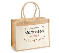 Planetee Cabas Jute avec poche d'une Maitresse au Top | Cadeau fin d'années école Anniversaire Noël Toile de Coton Grand Sac