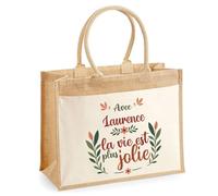 Planetee Cabas jute avec poche Laurence la vie est plus jolie | Sac de shopping et courses réutilisable Cadeau Fête des Mères Anniversaire Soeur Noël Tata Marraine