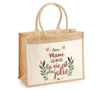 Planetee Cabas jute avec poche Mamé la vie est plus jolie - Sac de shopping et courses réutilisable Cadeau Fête des Mères Anniversaire Soeur Noël Tata Marraine