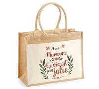 Planetee Cabas jute avec poche Mamoune la vie est plus jolie - Sac de shopping et courses réutilisable Cadeau Fête des Mères Anniversaire Soeur Noël Tata Marraine
