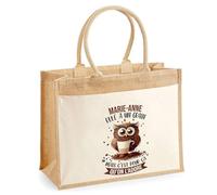 Planetee Cabas Jute avec poche Marie-Anne Chouette Grain | Cadeau Anniversaire Femme Noël Fête des Mères Sac de Shopping avec grande pochette