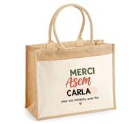 Planetee Cabas Jute avec Poche Merci ASEM Carla pour ces instants avec toi | Cadeau Fin d'Année Scolaire ATSEM ASEM École Maternelle | Cadeau de Remerciement | Jute Coton 21 L
