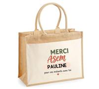 Planetee Cabas Jute avec Poche Merci ASEM Pauline pour ces instants avec toi | Cadeau Fin d'Année Scolaire ATSEM ASEM École Maternelle | Cadeau de Remerciement | Jute Coton 21 L