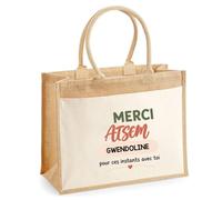Planetee Cabas Jute avec Poche Merci ATSEM Gwendoline pour ces instants avec toi | Cadeau Fin d'Année Scolaire ATSEM ASEM École Maternelle | Cadeau de Remerciement | Jute Coton 21 L