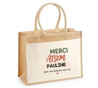 Planetee Cabas Jute avec Poche Merci ATSEM Pauline pour ces instants avec toi | Cadeau Fin d'Année Scolaire ATSEM ASEM École Maternelle | Cadeau de Remerciement | Jute Coton 21 L