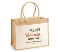 Planetee Cabas Jute avec Poche Merci Maîtresse Gwendoline pour ces instants avec toi | Cadeau Fin d'Année Scolaire Maîtresse Institutrice École Primaire | Cadeau de Remerciement | Jute Coton 21 L