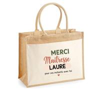 Planetee Cabas Jute avec Poche Merci Maîtresse Laure pour ces instants avec toi | Cadeau Fin d'Année Scolaire Maîtresse Institutrice École Primaire | Cadeau de Remerciement | Jute Coton 21 L