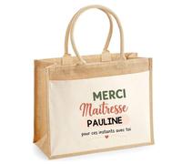 Planetee Cabas Jute avec Poche Merci Maîtresse Pauline pour ces instants avec toi | Cadeau Fin d'Année Scolaire Maîtresse Institutrice École Primaire | Cadeau de Remerciement | Jute Coton 21 L