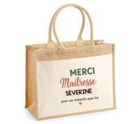 Planetee Cabas Jute avec Poche Merci Maîtresse Séverine pour ces instants avec toi | Cadeau Fin d'Année Scolaire Maîtresse Institutrice École Primaire | Cadeau de Remerciement | Jute Coton 21 L
