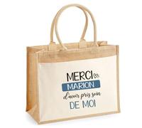 Planetee Cabas Jute avec Poche Merci Marion | Cadeau Fin d'Année Scolaire Maîtresse Nounou ATSEM Assmat | Cadeau de Remerciement | Jute Coton 21 L