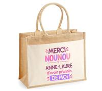 Planetee Cabas Jute avec Poche Merci Nounou Anne-Laure | Cadeau Fin d'Année Scolaire Nounou Assmat Assistante Maternelle Crèche | Cadeau de Remerciement | Jute Coton 21 L