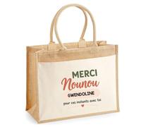 Planetee Cabas Jute avec Poche Merci Nounou Gwendoline | Cadeau Fin d'Année Scolaire Nounou Assmat Assistante Maternelle Crèche | Cadeau de Remerciement | Jute Coton 21 L