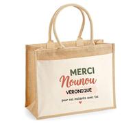 Planetee Cabas Jute avec Poche Merci Nounou Véronique | Cadeau Fin d'Année Scolaire Nounou Assmat Assistante Maternelle Crèche | Cadeau de Remerciement | Jute Coton 21 L
