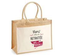 Planetee Cabas jute avec poche Merci Retraitée Géniale I Sac de shopping avec grande pochette avant Fête des Mères Idée Cadeau