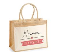 Planetee Cabas Jute avec poche Nounou en Vacances | Cadeau fin d'années école Anniversaire Noël Toile de Coton Grand Sac