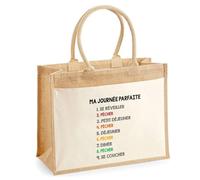 Planetee Cabas jute avec poche pecher journée parfaite Cadeau Femme Homme, Anniversaire Noël, Maman Papa | Sac Pratique Idéal Shopping Courses