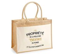 Planetee Cabas jute avec poche Propriété de la Meilleure Créatrice Cadeau collègue femme, retraite secret santa | Sac shopping courses idée originale métier
